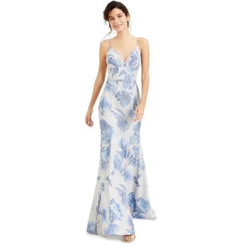 B Darlin Junior Womens 3/4 Silver Blue Floral V Neck Maxi Long Dress Small